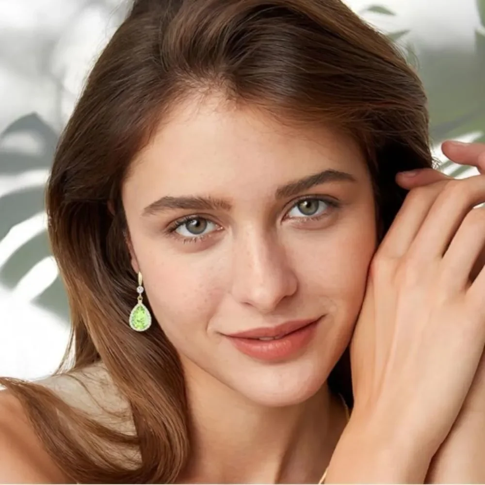 14K Yellow Gold with Peridot Green Cubic Zirconia Teardrop Hook Dangle Earrings